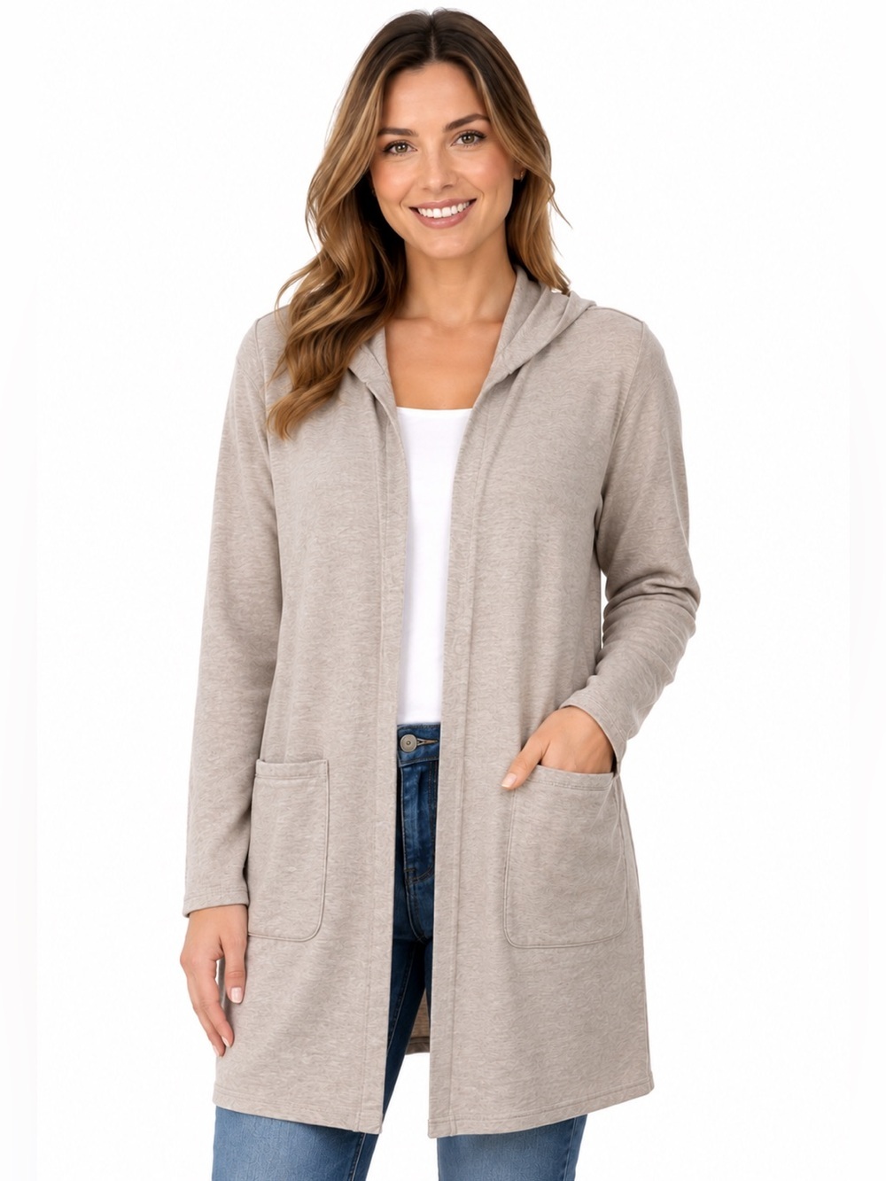 Pure Jill Pima Cotton Hooded Open Front Cardigan Pockets Neutral Layer OS XSP